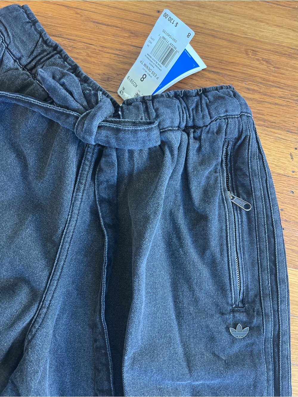 NWT Adidas True Black Denim Drawstring Track Pants Womens Sz 8 Athletic Wide Leg - Picture 3 of 9